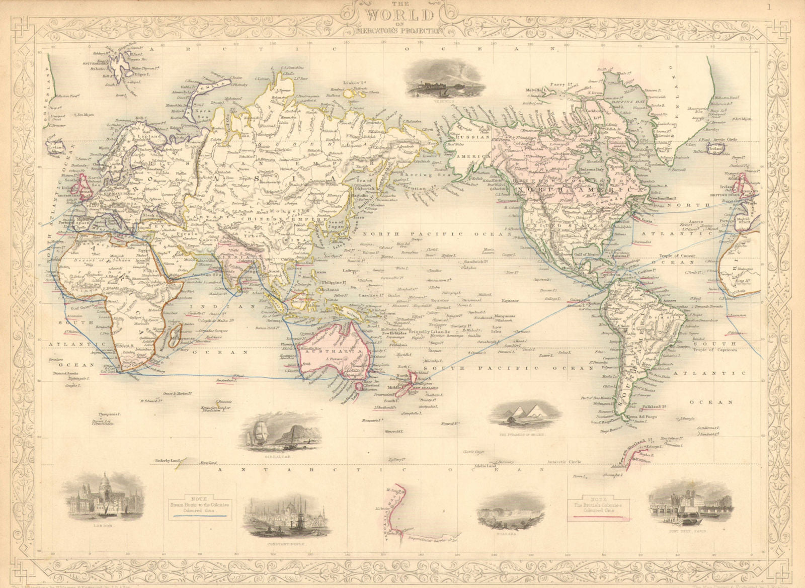 BRITISH EMPIRE. Shows steam routes to the colonies.World.TALLIS/RAPKIN 1851 map